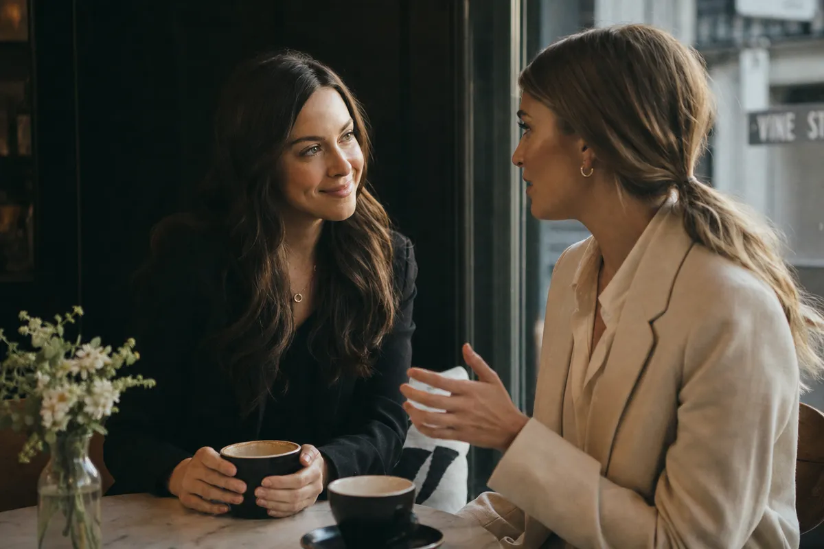 Two women talking over coffee, in confidence