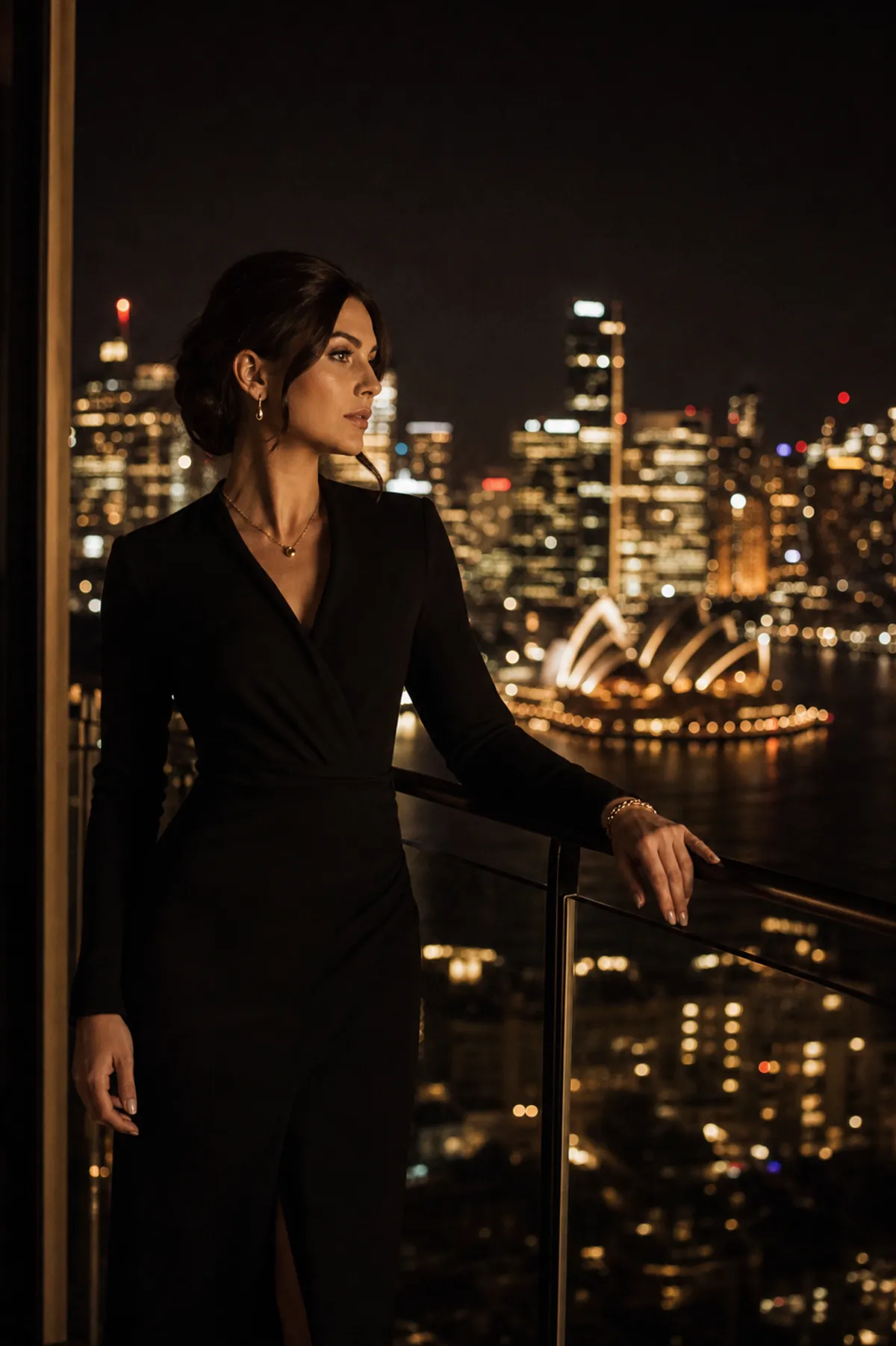 A woman over the Sydney skyline at night